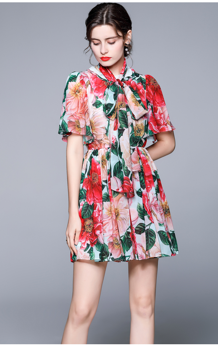 Western style retro printing slim colors pinched waist dress