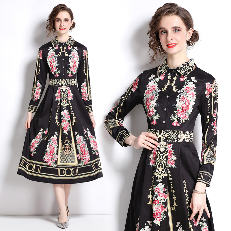 Temperament printing long dress slim flowers dress