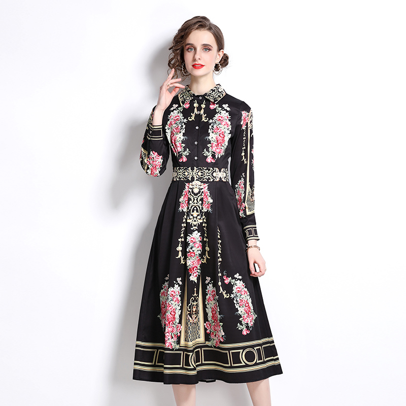 Temperament printing long dress slim flowers dress