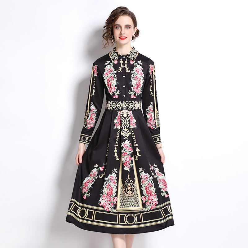 Temperament printing long dress slim flowers dress