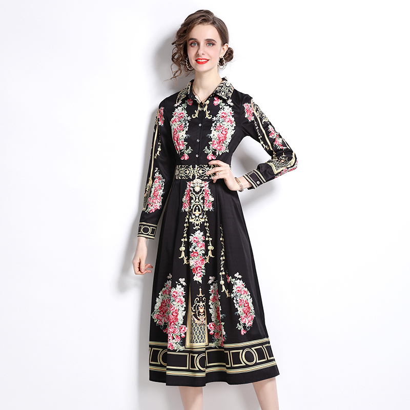 Temperament printing long dress slim flowers dress