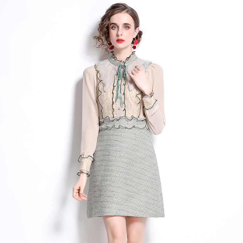 Embroidery pullover long sleeve beading splice gauze dress