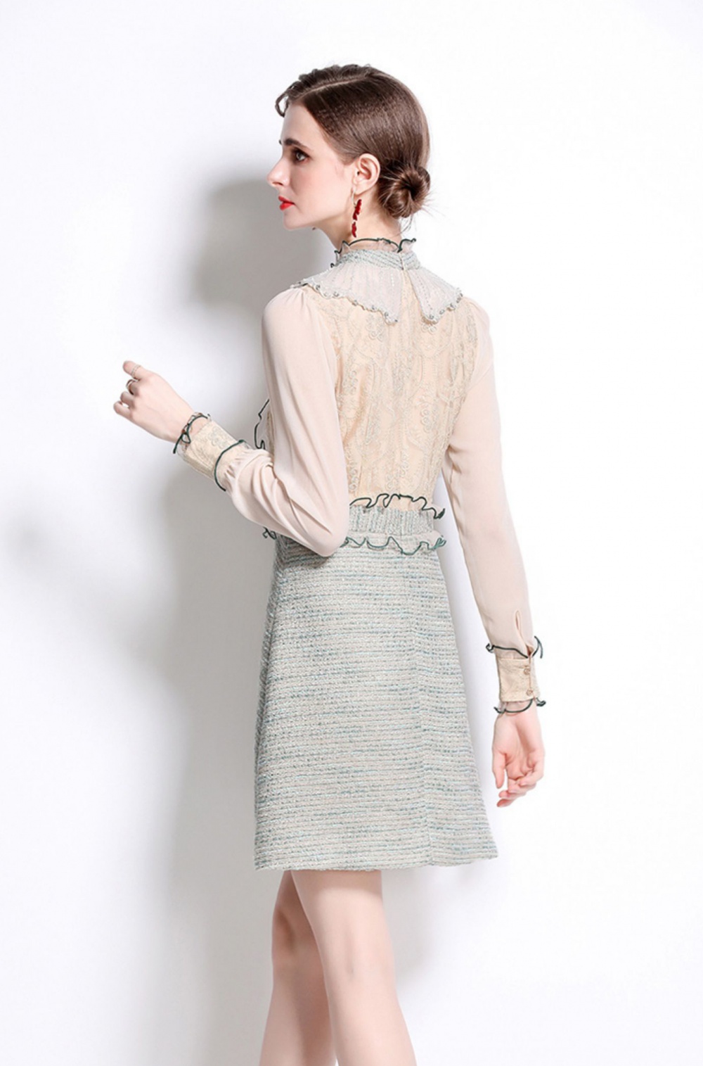 Embroidery pullover long sleeve beading splice gauze dress