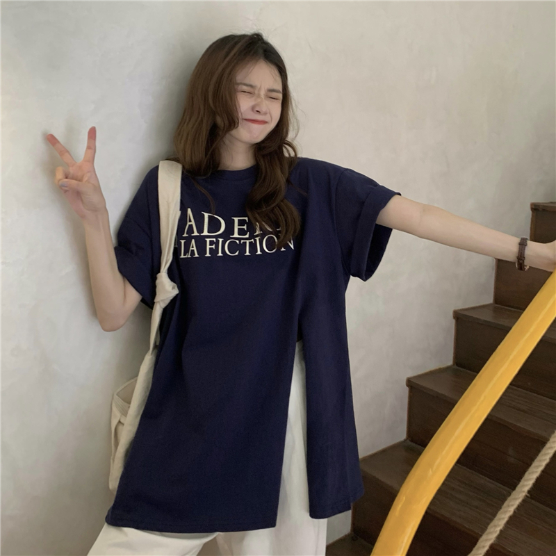 Round neck letters long Korean style T-shirt for women