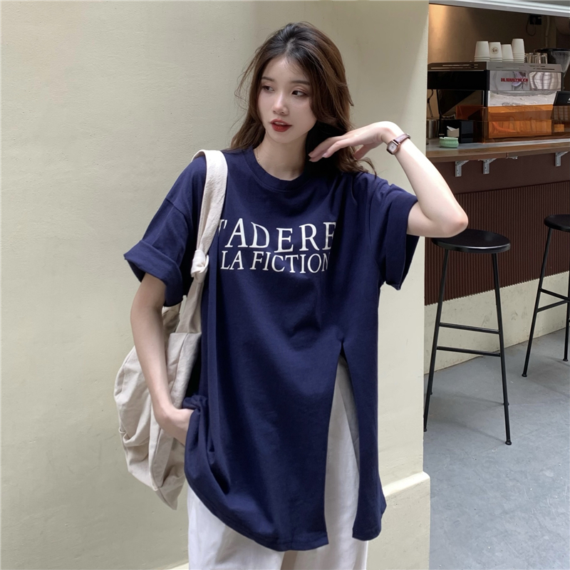 Round neck letters long Korean style T-shirt for women