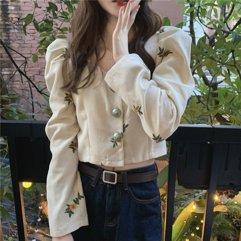 Puff sleeve retro embroidery shirt short France style tops