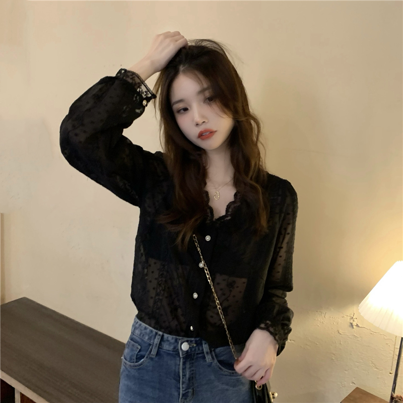 Lace V-neck splice tops black temperament shirt for women