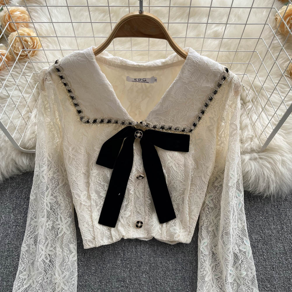 Lace temperament shirt short bow tops for women