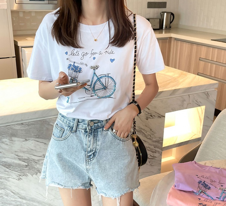 Beading short sleeve refreshing pure cotton T-shirt