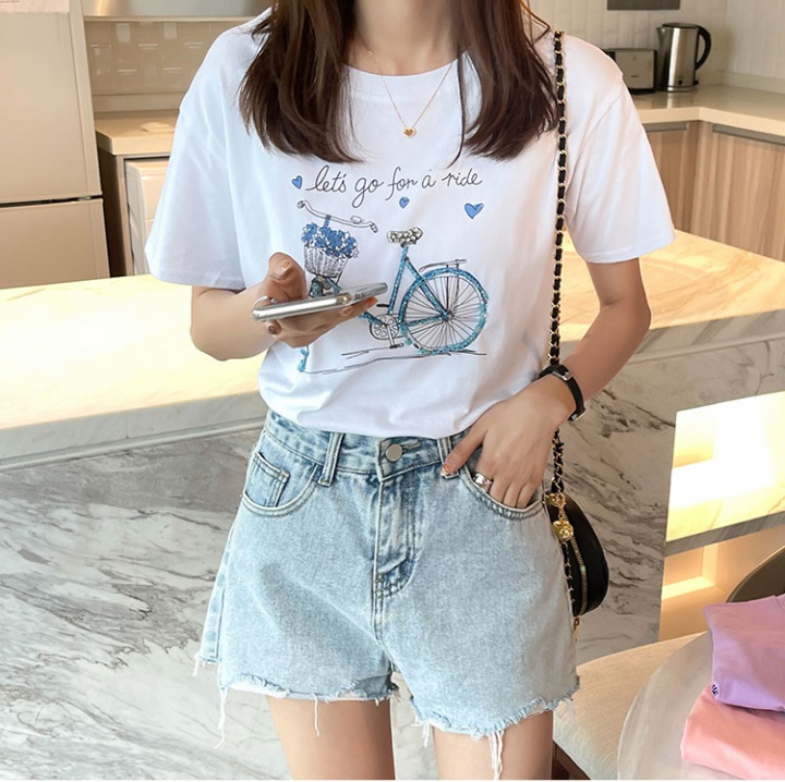 Beading short sleeve refreshing pure cotton T-shirt