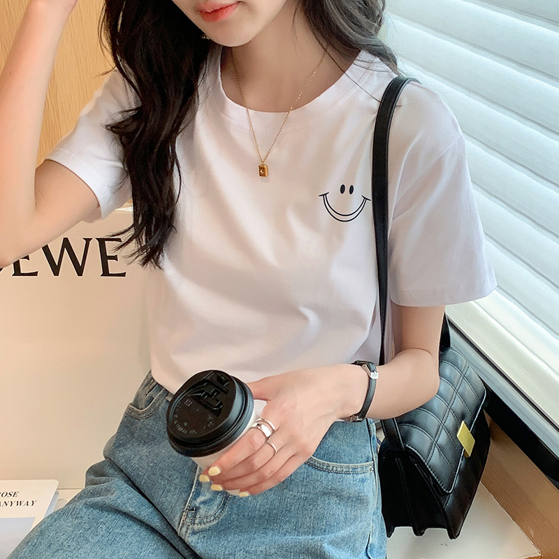 Printing white tops round neck T-shirt