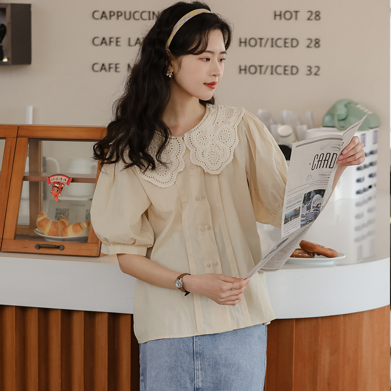 France style thin sweet lace puff sleeve shirt for women