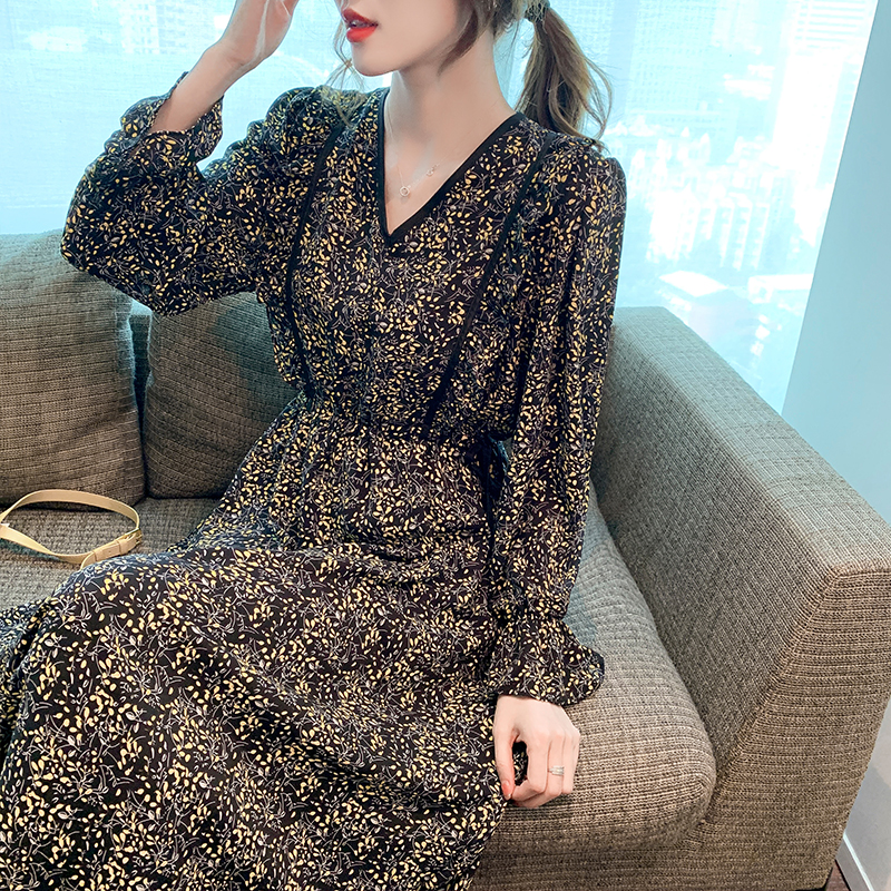 Temperament spring pinched waist chiffon dress for women