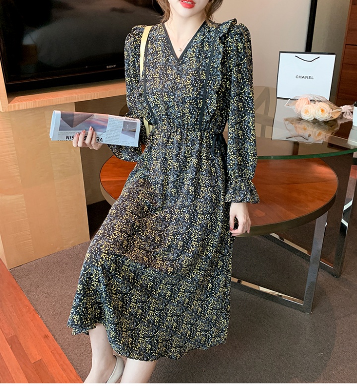 Temperament spring pinched waist chiffon dress for women