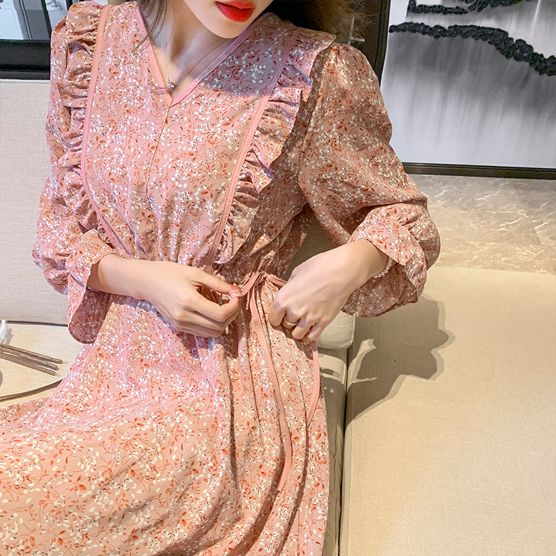 Temperament spring pinched waist chiffon dress for women