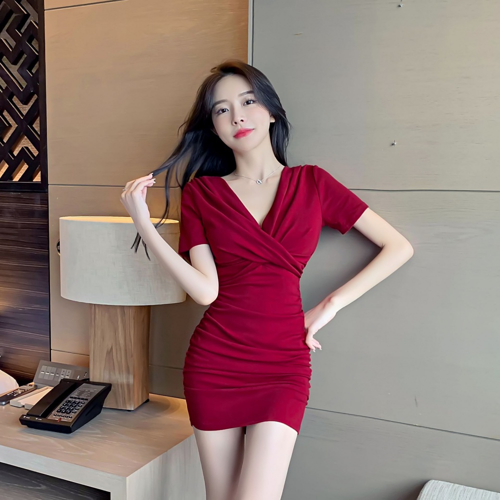 Pure cotton fold tight low-cut V-neck sexy dress