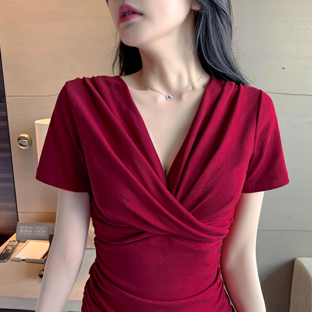 Pure cotton fold tight low-cut V-neck sexy dress