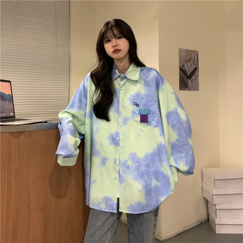 Thin retro unique tops tie dye loose long sleeve shirt