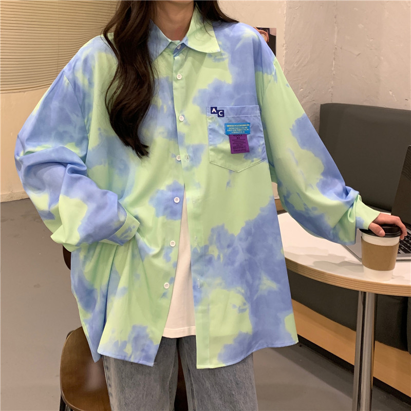 Thin retro unique tops tie dye loose long sleeve shirt