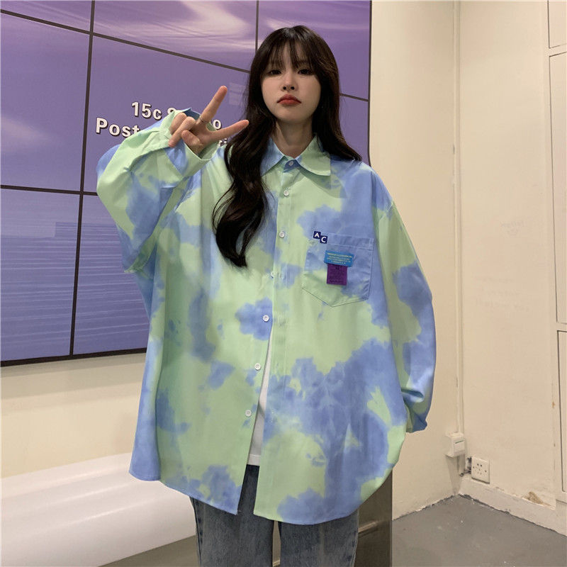 Thin retro unique tops tie dye loose long sleeve shirt