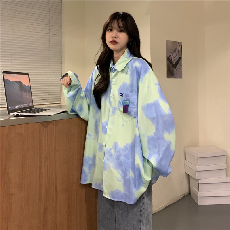 Thin retro unique tops tie dye loose long sleeve shirt