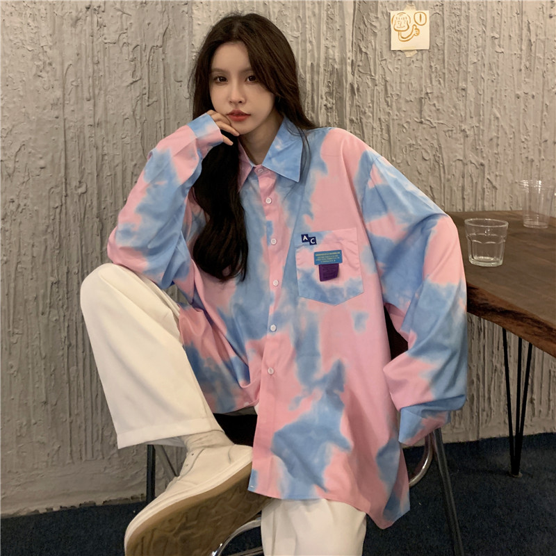 Thin retro unique tops tie dye loose long sleeve shirt