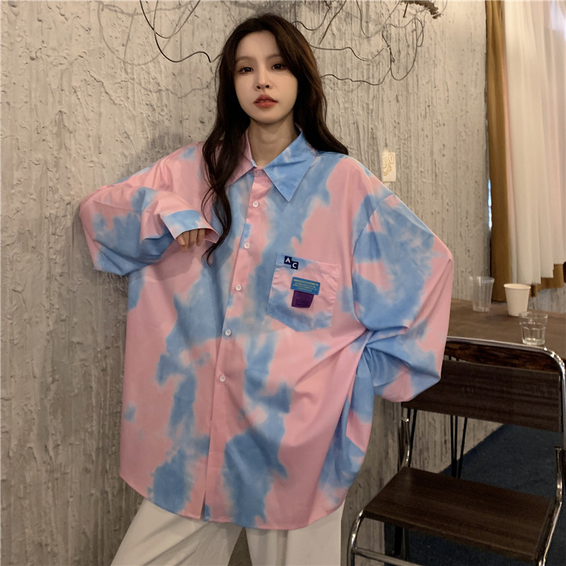 Thin retro unique tops tie dye loose long sleeve shirt