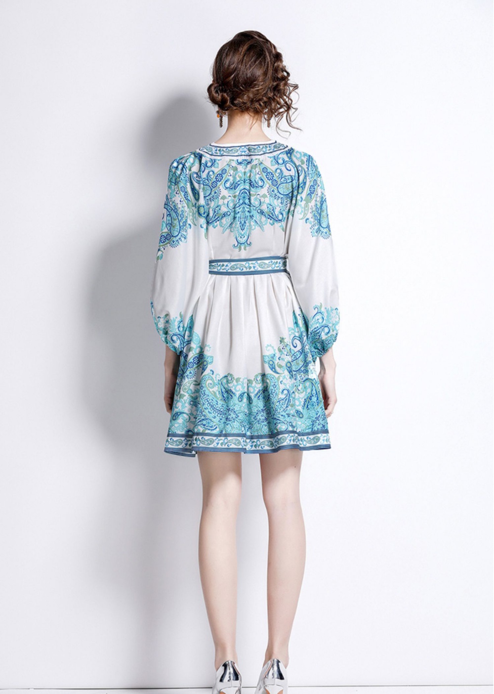 Blue elegant frenum V-neck short printing temperament dress