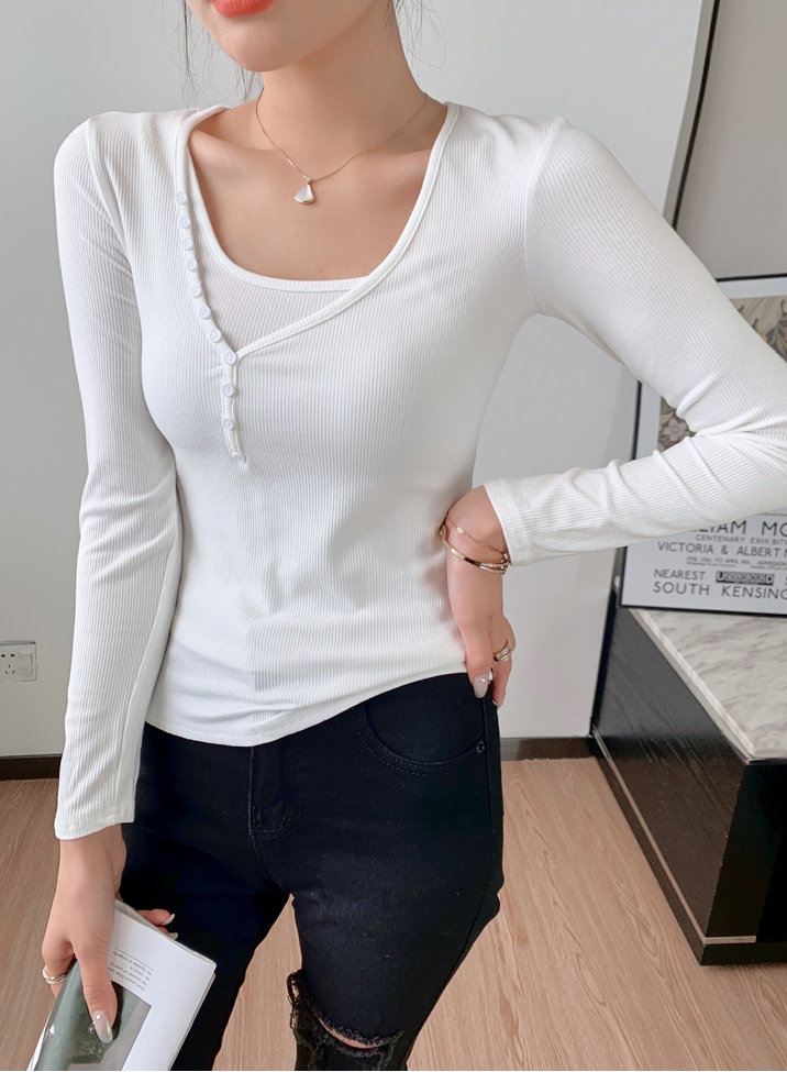 Western style Pseudo-two T-shirt long sleeve spring tops