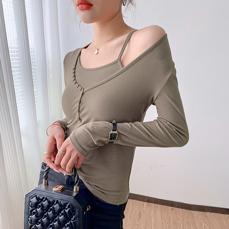 Western style Pseudo-two T-shirt long sleeve spring tops