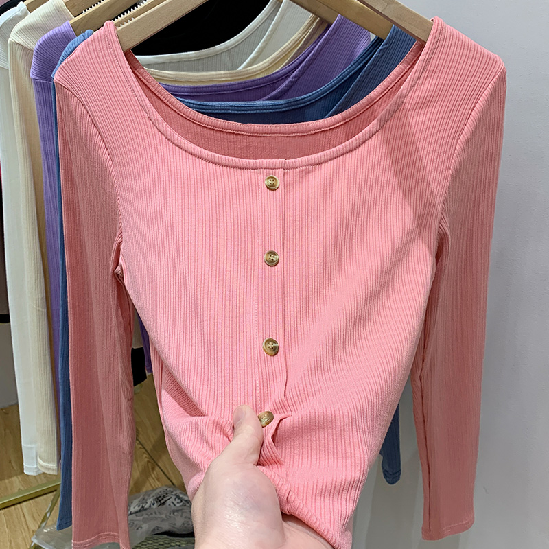 Buckle inside the ride T-shirt square collar clavicle for women