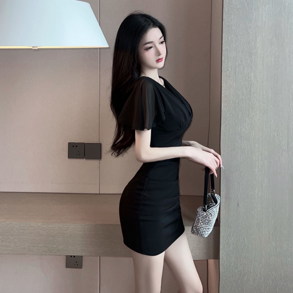 Package hip sexy boats sleeve tight V-neck low-cut dress