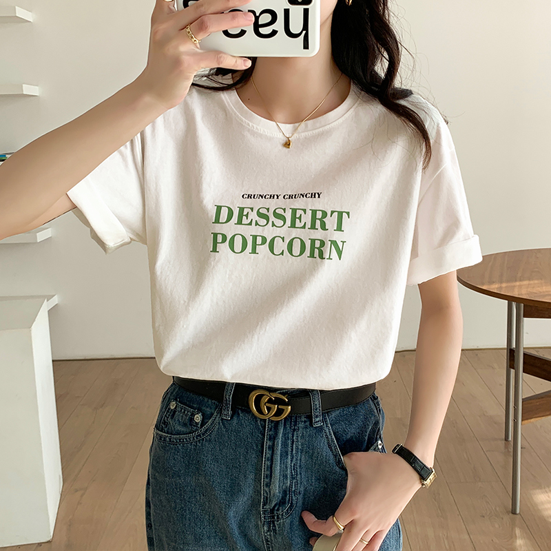 Letters apple-green tops printing short sleeve T-shirt