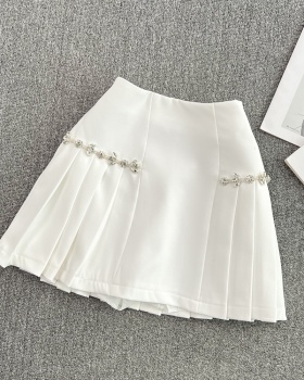 High waist summer slim sweet rhinestone pleated short skirt