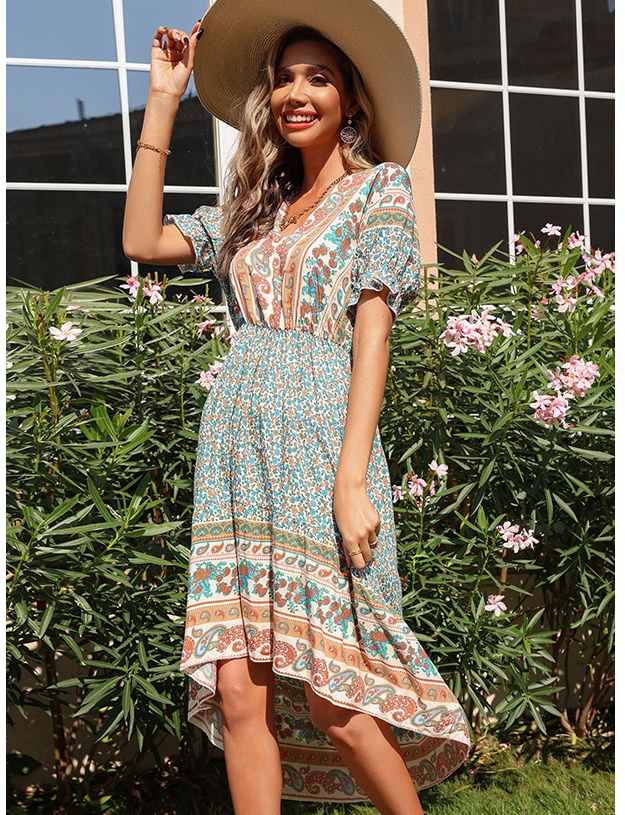 Retro green summer European style printing temperament dress