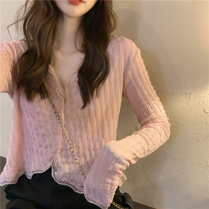 Lace sweet shirt temperament pink tops for women