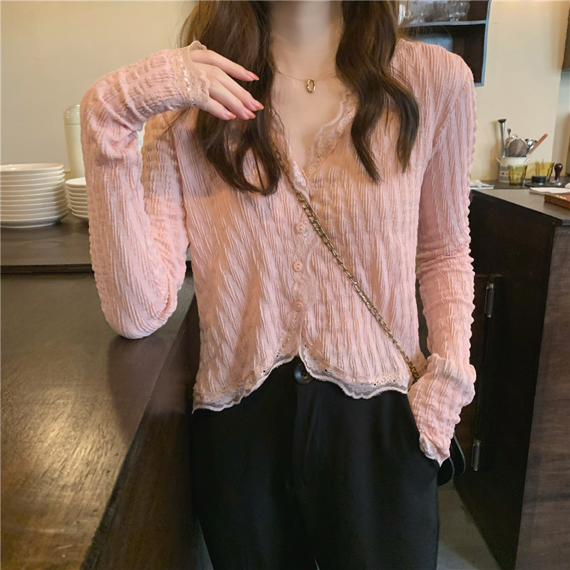 Lace sweet shirt temperament pink tops for women