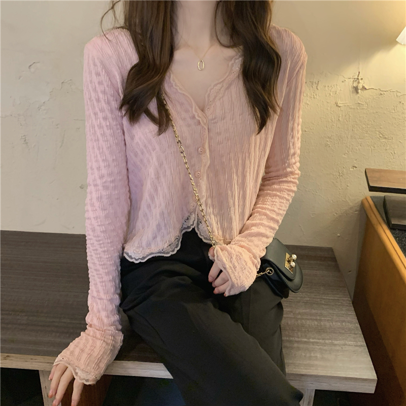 Lace sweet shirt temperament pink tops for women