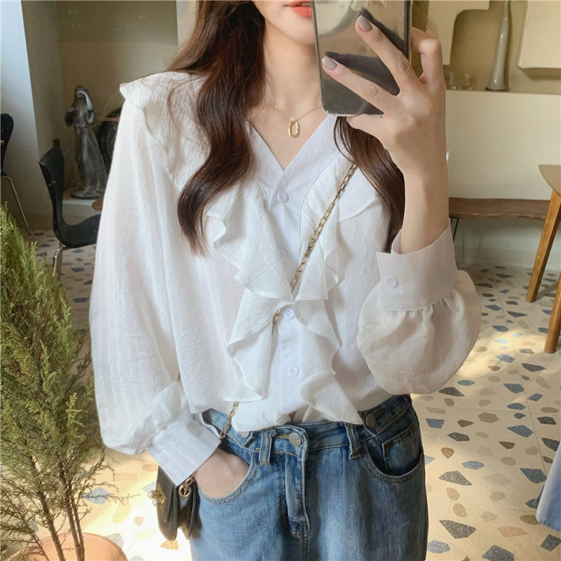 Long sleeve V-neck shirt unique temperament tops