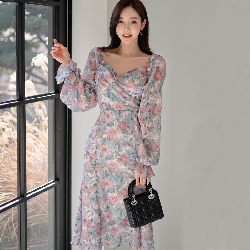 Elegant frenum Korean style long floral slim dress