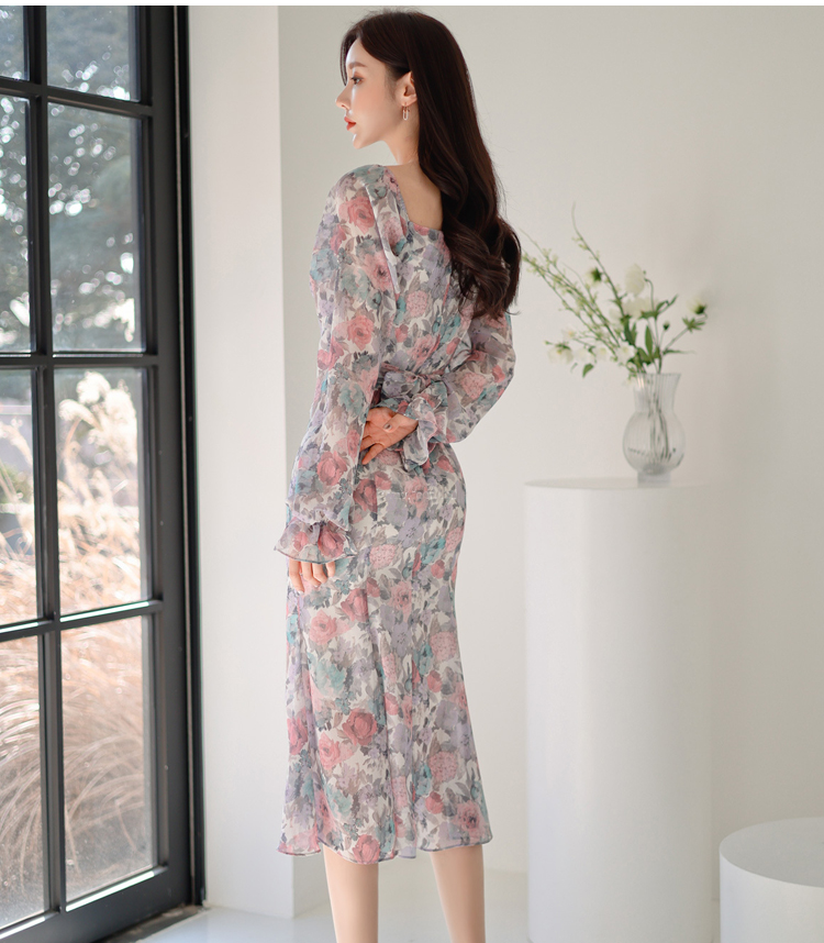 Elegant frenum Korean style long floral slim dress