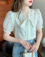 Summer short sleeve tops bow chiffon shirt for women