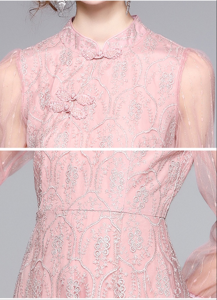 Embroidery pink temperament dress slim pinched waist cheongsam