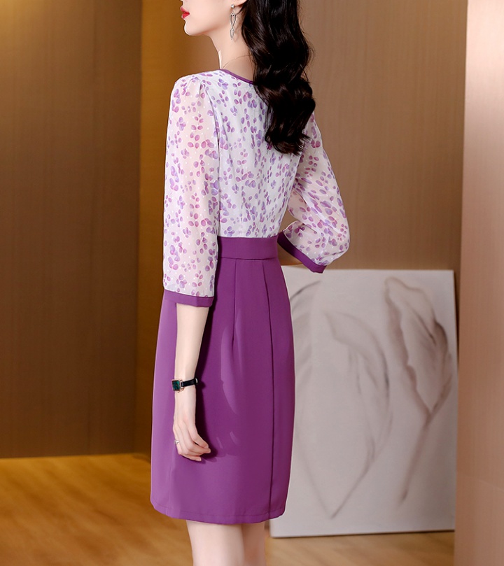 Purple Pseudo-two summer floral pinched waist chiffon dress