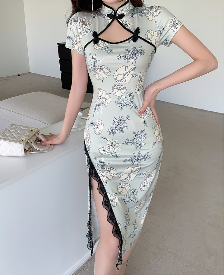 Sexy lace split dress slim overalls cheongsam