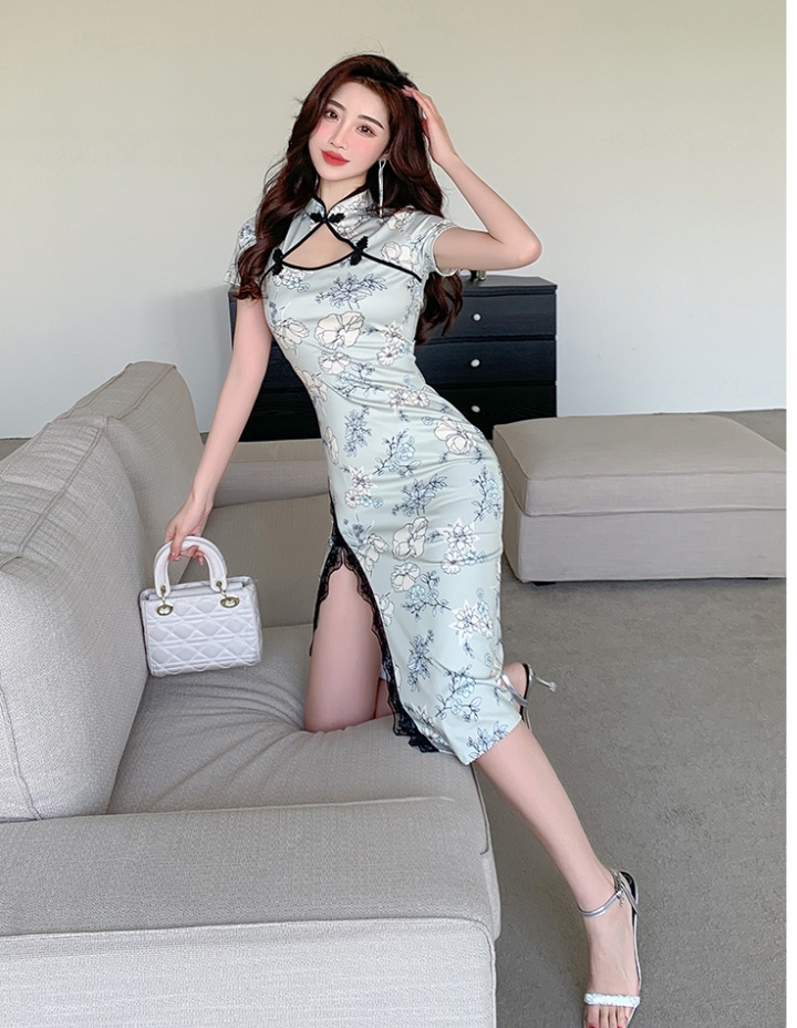 Sexy lace split dress slim overalls cheongsam