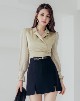 Pinched waist long sleeve skirt lady slim shirt a set