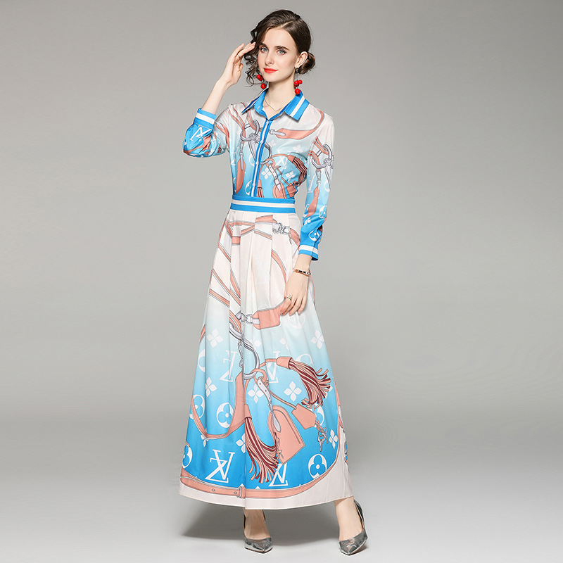 Fashion slim European style pinched waist printing all-match dress