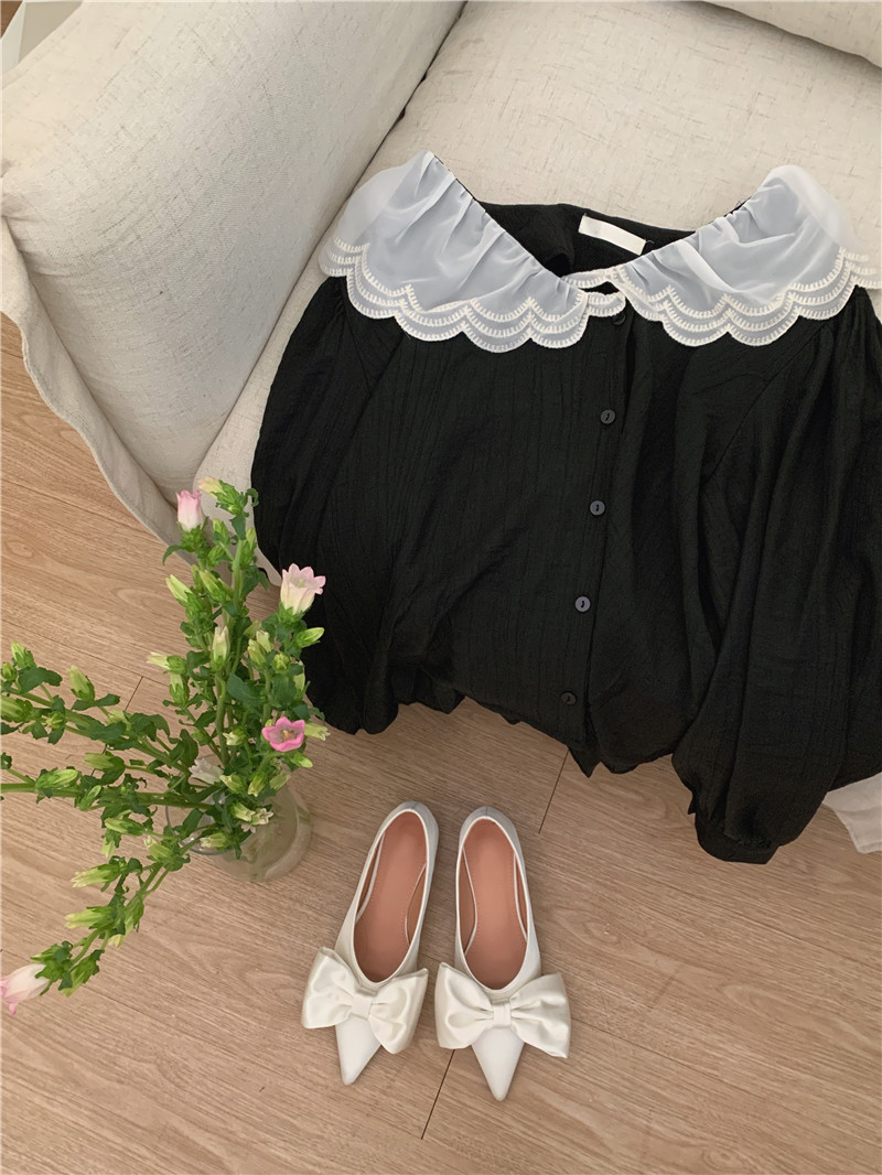 Tender lace splice Korean style chiffon shirt