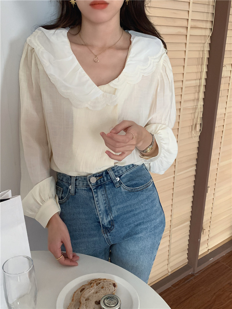 Tender lace splice Korean style chiffon shirt